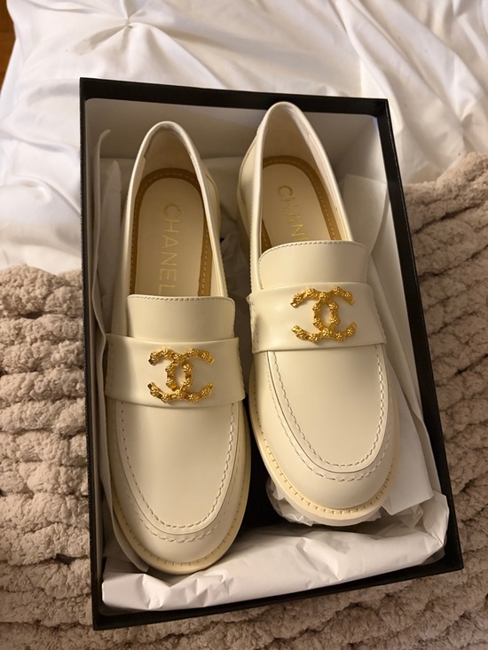 CHANEL Shoes - CHANEL Cream Leather Loafers with Gold CC Emblem
